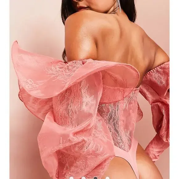 NEW ASOS LUXE lace bodysuit with wire bardot in blush ~ - Picture 7 of 11